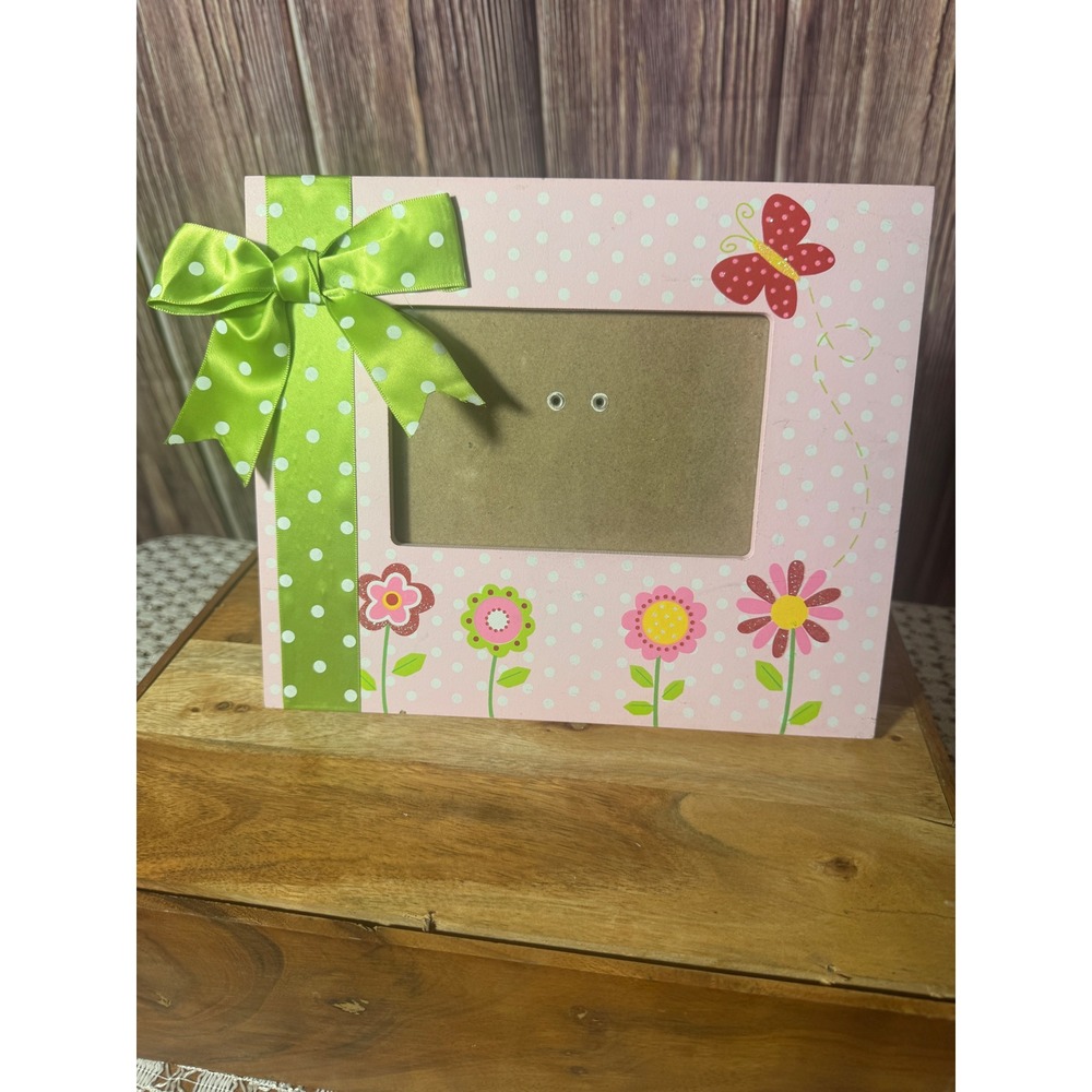Floral Butterfly Polka Dot Picture Frame Kids Pink Green 4x6 3D Bow